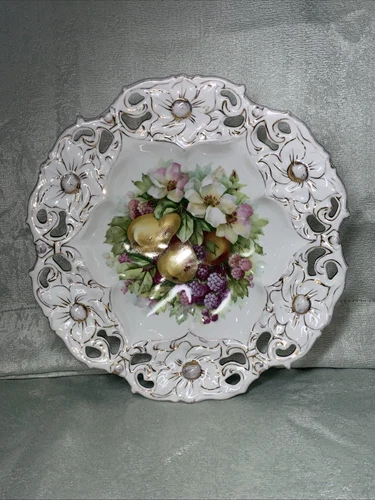 Rudolf Wachter STYLE Bavarian Fruity Floral 13" Oversized Bowl, Gold Tone Trim