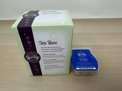 NEW Open Box SCENTSY Tea Rose Plug In Wax Warmer w/ NEW  Clean Breeze  3.2oz Bar