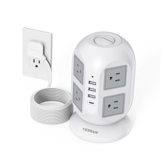 Tower Surge Protector Power Strip 10 ft,  Long Flat Extension Cord 10 Feet Grey