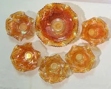 6 Vintage Imperial Hobstar Marigold Carnival Glass Bowls 1 Large 5 Small Bowls