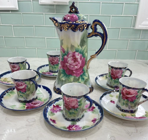 Antique Chocolate Pot Set W/ 6 Cups & Saucers ~ Roses, Gold, Flo Blue ~ Nippon