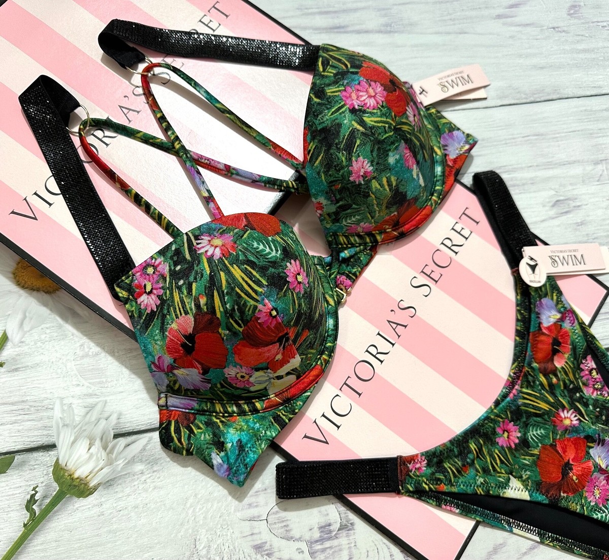 Victoria's Secret Swim Black Shine Strap Bombshell Top Brazilian