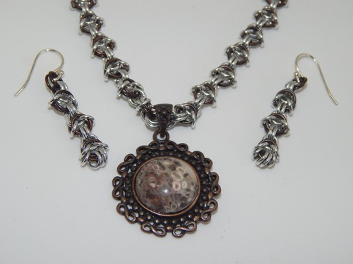 Natural Turritella Agate & Antique Copper Pendant & hand-made Chain Maille Set