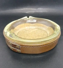 Vintage Glass Ashtray Leather Base Holder Heirloom Mid-Century Bosca Ash Tray