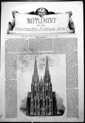Original alter antiker Druck Fertigstellung Kölner Dom außen 1843 viktorianisch