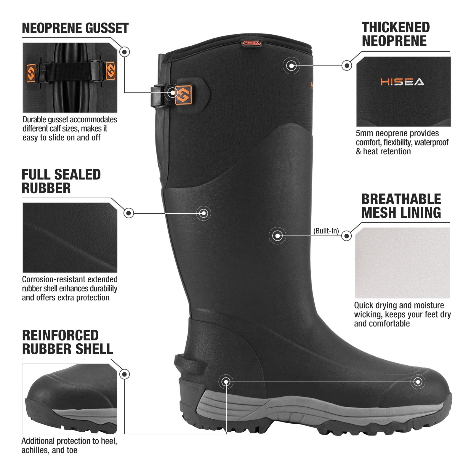 HISEA Rubber Rain Boots for Men, Insulated Waterproof Neoprene, Slip-Resistant