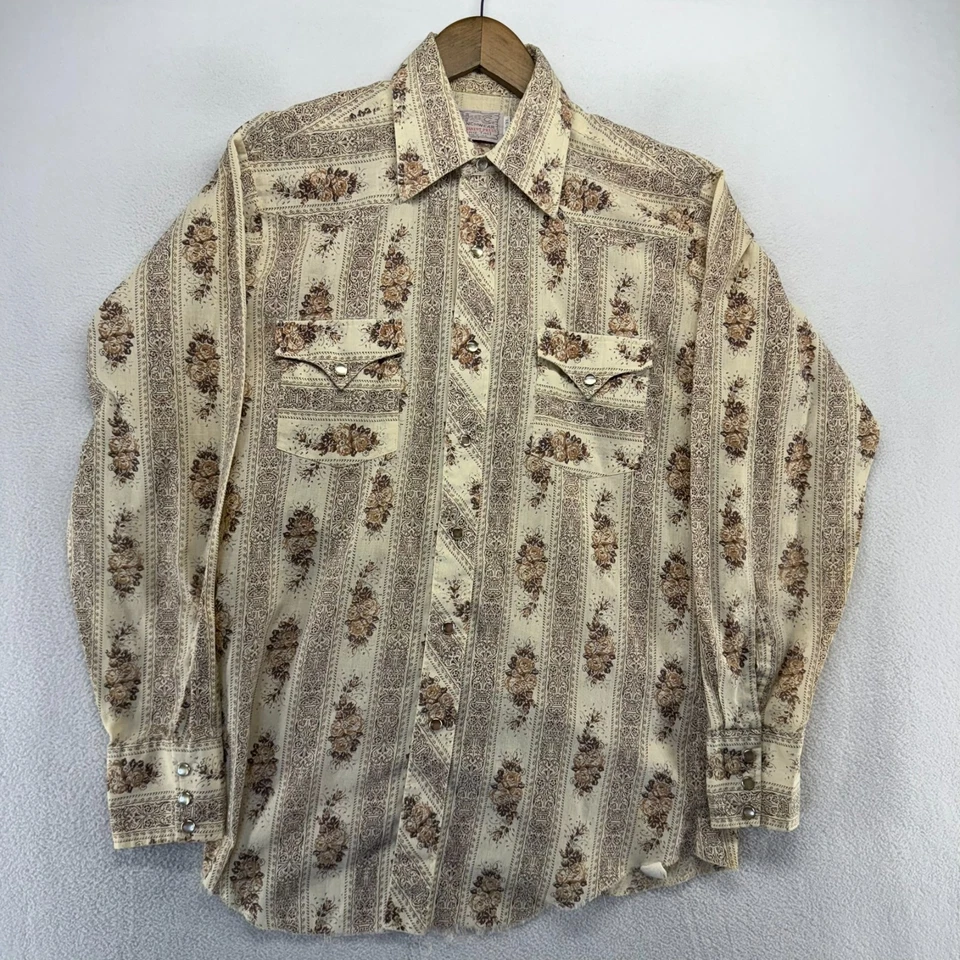 Vintage H Bar C Shirt Men's 15.5 33 Brown Long Tail Knit Floral Rockabilly 70s - Image 2 of 4
