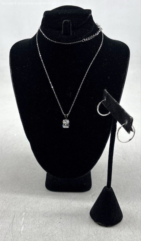 925 Sterling Silver Cz Necklace w/Hoop Earrings 1.8g