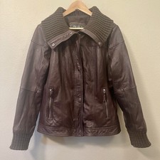 Eddie Bauer Women s Leather Jacket Knit Collar Cuffs Brown Sz XL FLAW- READ