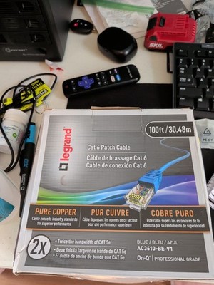 Legrand 100' Pure Copper Cat6 Patch Cable, Plug and Go, Blue, AC3610-BE-V1