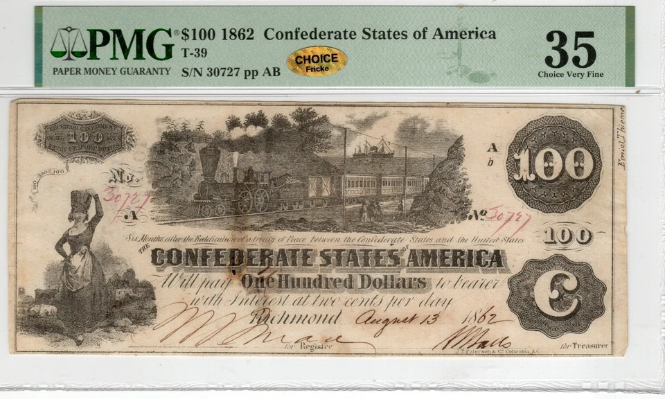 T-39 PF-13 1862 $100 Confederate Paper Money - PMG Ch VF 35 - Re-Issued Houston - Image 2 of 3