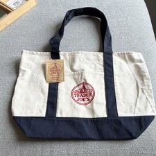 Trader Joe's Reusable Foldable Tote Bag Cotton Polyester Beige Black