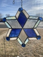 Blue White Stained Glass Metal Star Suncatcher Glossy Window Decoration