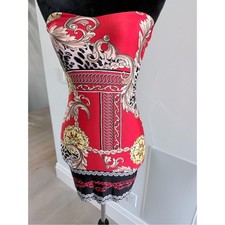 Y2K Red Baroque Strapless Bodycon Tube Mini Dress size XS