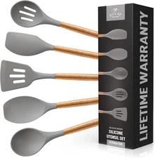 Zulay Kitchen Utensils Set Non-Stick Silicone 5-Piece Set, Elegent Grey 