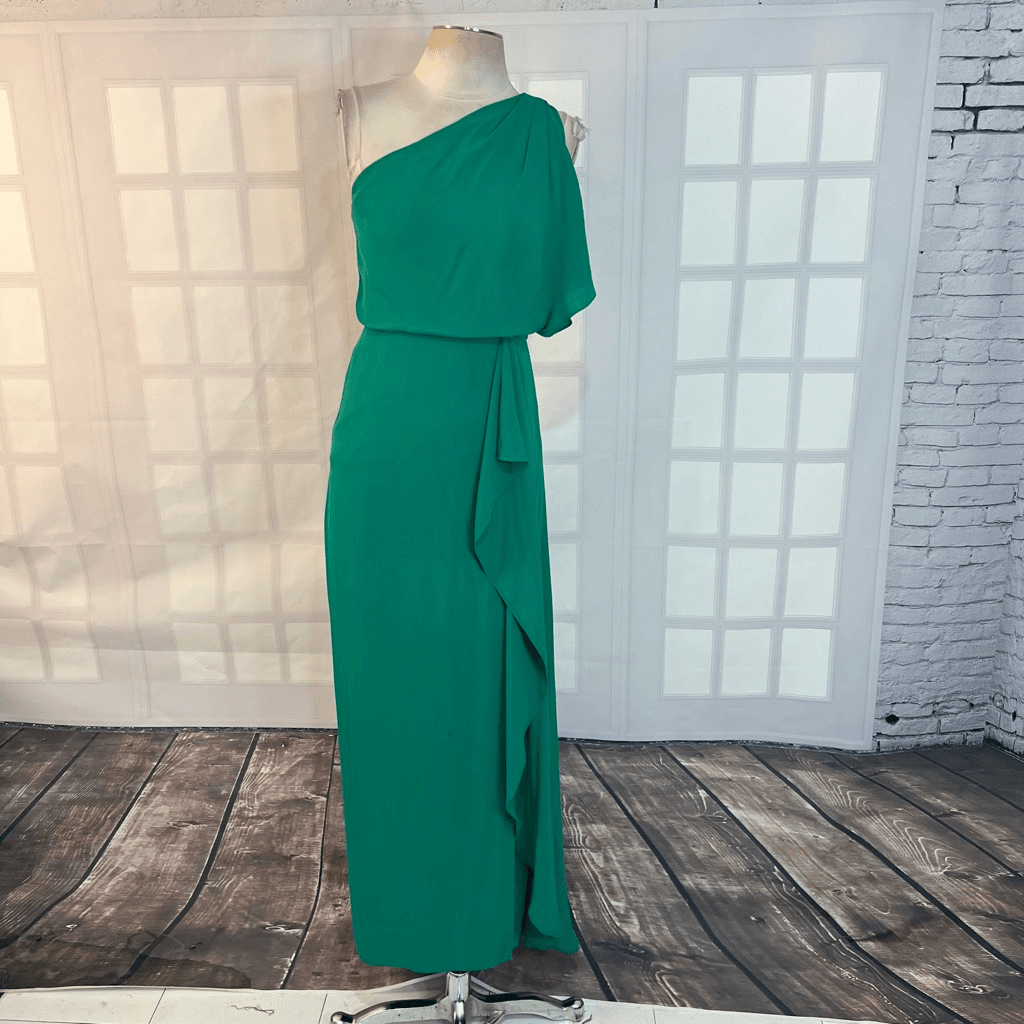 slim fit dress slacks One-Shoulder Long Green Prom Dress with Lace-Up Back Hunter / 0 main image 1