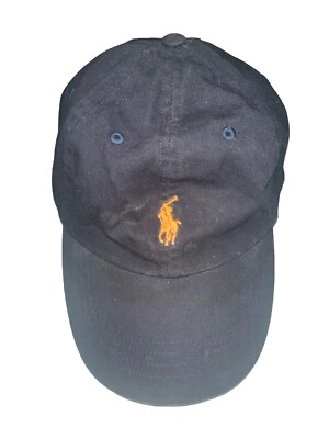 Polo Ralph Lauren VTG Leather Strapback Hat Navy Blue Orange Pony