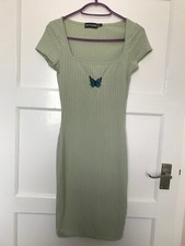 Pretty Little Thing Green Embroidered Butterfly Short Sleeve Bodycon Dress UK 6