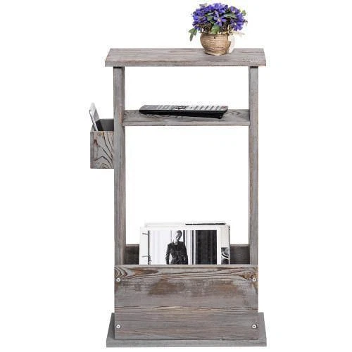 2 Tier Grey Wood Side Table w/ Magazine Holder, Free Standing Side Table - Image 2 of 4