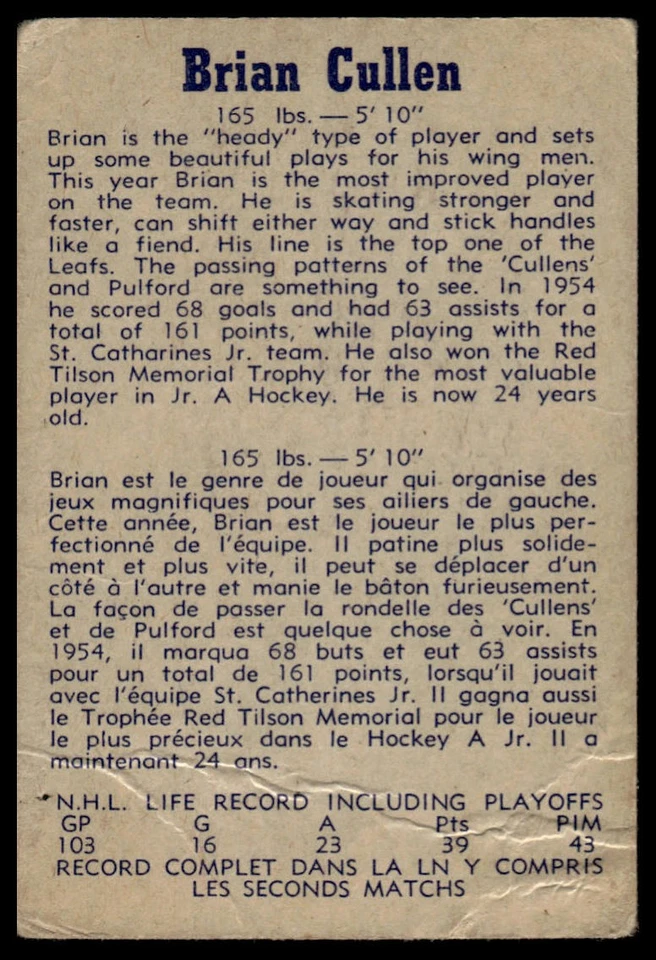 1957-58 Parkhurst #T9 Brian Cullen - Image 2 of 2