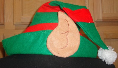 Red/Green Stripe Felt Adult Santa's Elf Hat w/Large Pointed Ears
