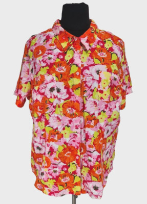 White Stag Women Button Up Top Short Sleeve Shirt Plus 4X Red Floral Cotton 222P