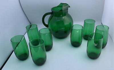 Vtg Anchor Hocking Forest Green Round Pitcher Roly Poly  w 8-5'' Glasses