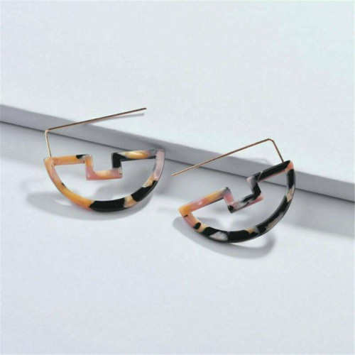 Tortoise Shell Multi Color Hoop Post Earrings Half Circle Abstract Earrings gift - Picture 7 of 13