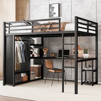 Queen Loft Bed With Wardrobe Desk Storage Shelves Metal for Adults Teens Kids