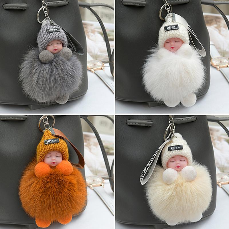 Fluffy Pompom Baby Keychain Cute Plush Doll Keyrings for Bags Cars Women  Gift