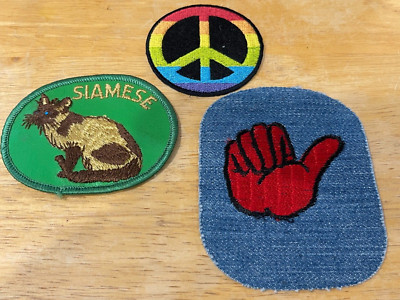 Lot of 3 Appliques Patches Iron-On Sew-on Peace Sign, Thumbs Up and Siamese Cat