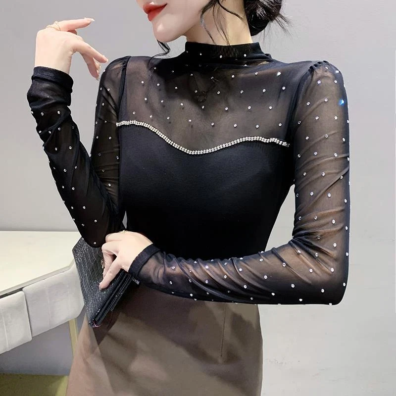 Women Bling Rhinestone Long Sleeve Mesh T-Shirt Slim Blouse Pullover Top Sexy - Image 2 of 4