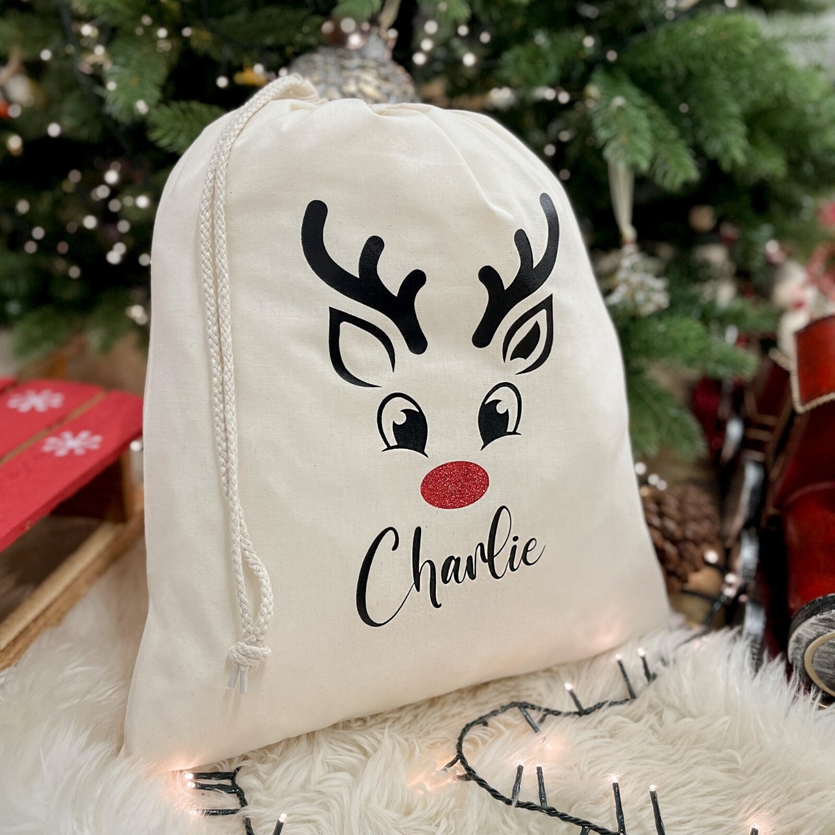 CHRISTMAS GIFT SACK Personalised Rudolph Sack Xmas Gift Bag - Main Image