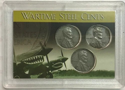 1943 P-D-S WARTIME Steel Cent Set in "WWII WAR PLANE" 2 X 3 Frosty Display