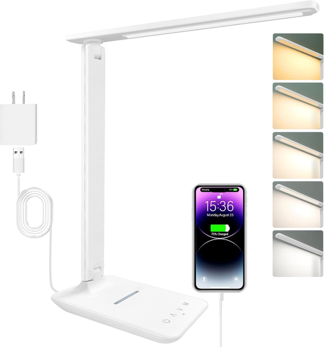 LED Desk Lamp with 15W Wireless Charger & USB Port, Dimmable Table Lamp with 5 L