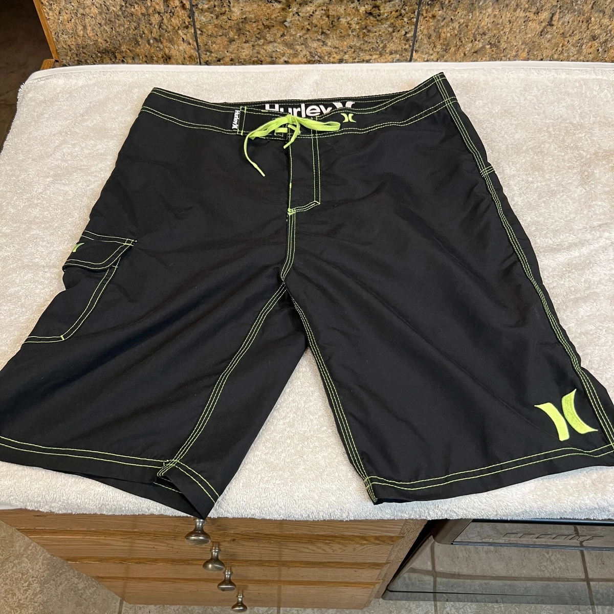 Hurley Board Shorts Swim Shorts Mens 32 Black Neon Green Thread