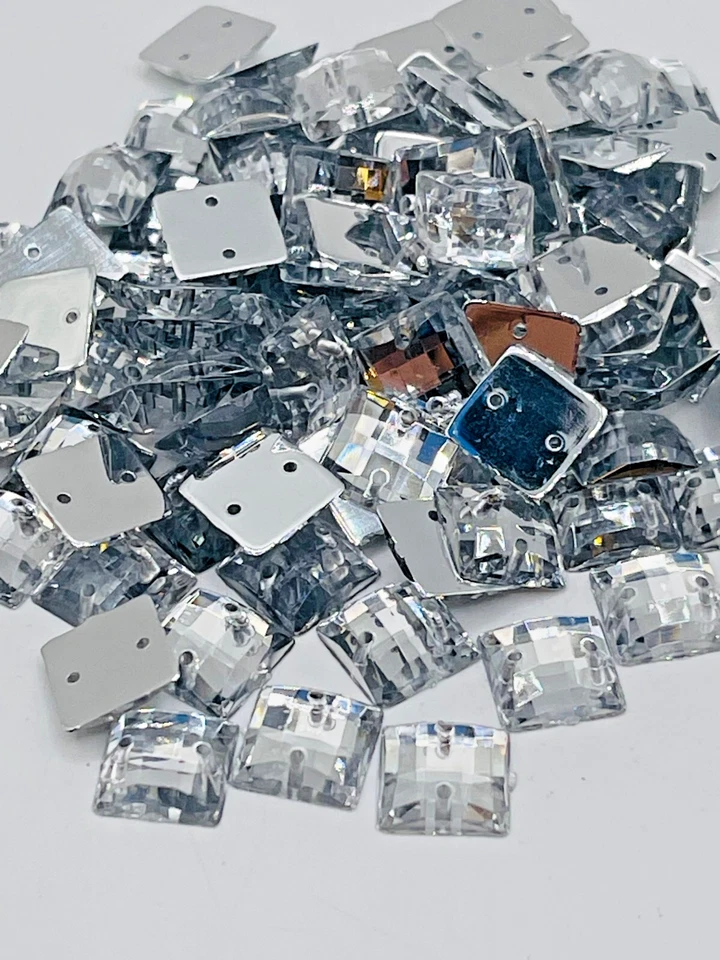 100 Flatback Acrylic Faceted Square Sewing Rhinestone Button Sew on Bead 10mm - Image 2 of 4