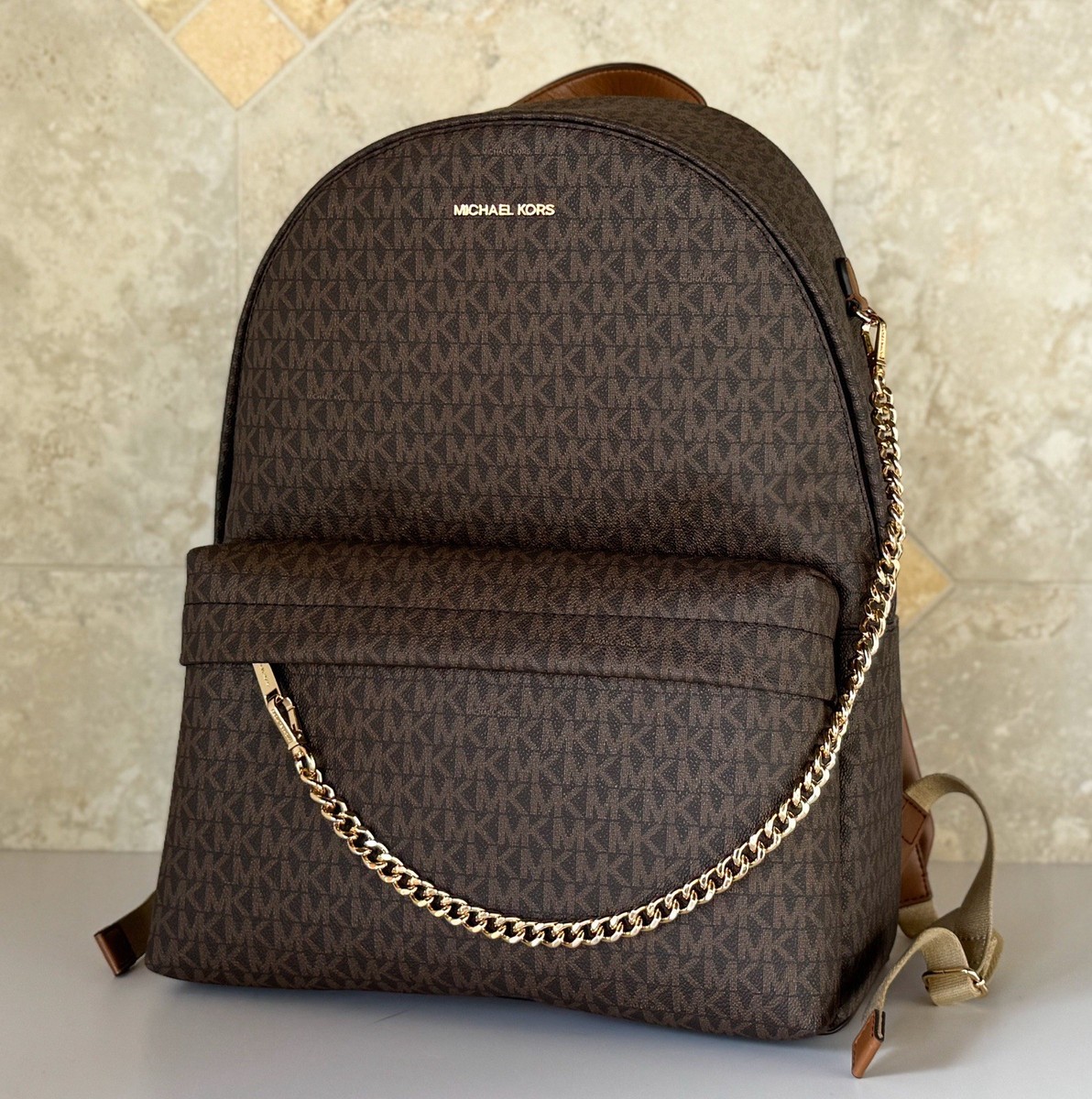 Michael Kors Slater Large Chain Backpack MK Brown | eBay
