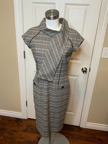 Purification Garcia Gray Houndstooth Check Bow Neck Shift Dress, Size 8 | 40