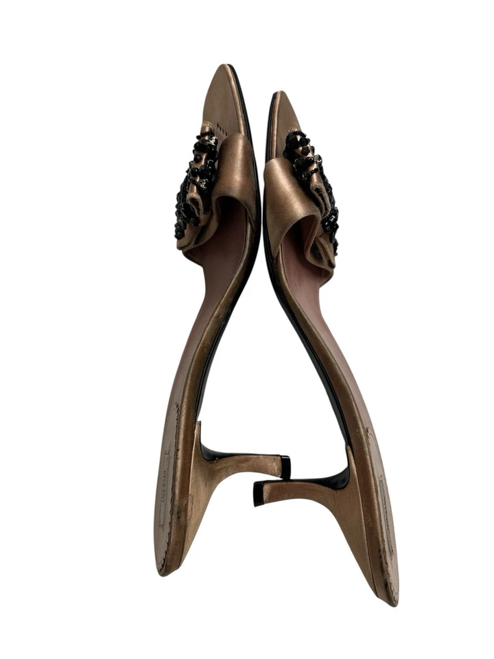 Prada Bebé Rosa Satén Adornado Pajarita Retro Gatito Tacón Slide Sandalias Talla 40 Foto 4 de 4