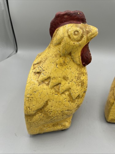Yellow Chicken Bookends Heavy Farmhouse Terracotta Shabby Chic Distressed - Picture 9 of 11