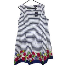 Chaps Cottage Core Midi Dress 20 Womens Plus Size White Blue Striped Floral NWT