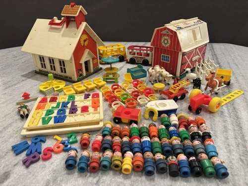 Huge Fisher Price Vintage Little People Lot Barn Schoolhouse Bus Accessories 🔥