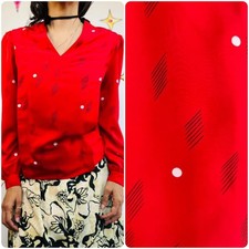 Vintage 80s Cherry Red Abstract Art Print Silky Secretary Blouse  Size 4