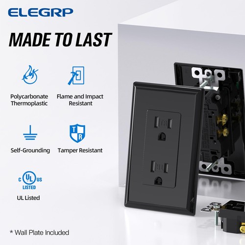 ELEGRP Decorator Wall Receptacle Screwless Plate Included, Glossy Black - Picture 2 of 7