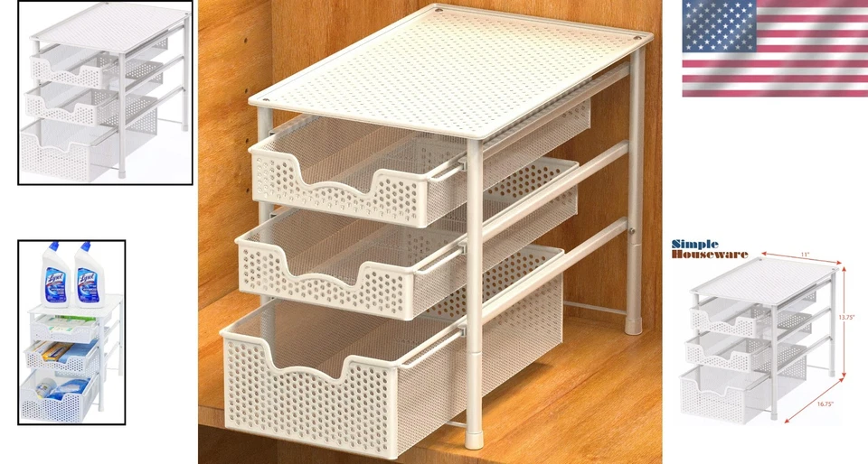 White 3 Tier Sliding Basket Organizer - Image 2 of 4