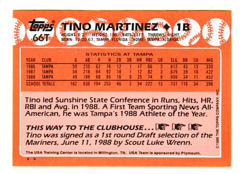 1988 Topps 66T Tino Martinez - Rookie Member USA Team - Seattle Mariners - Picture 2 of 2