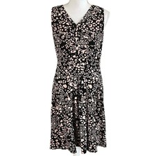 Talbots Size 6P 6 Petite V Neck Sleeveless Dress Black Pink Print