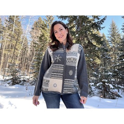 Classic Elements Women's Patchwork Snowflake Zip Up Cardigan Sweater XL cottage