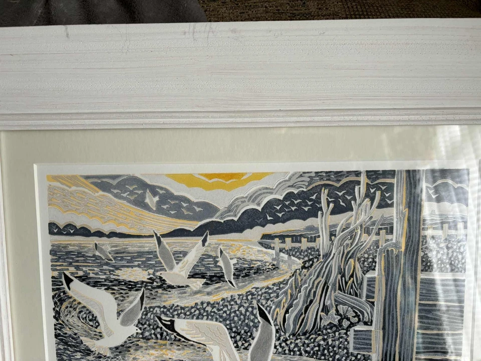 Reducción Linocut 'Sunlit Sea' Annie Soudain Edición Limitada 25/30 Enmarcado Foto 3 de 4